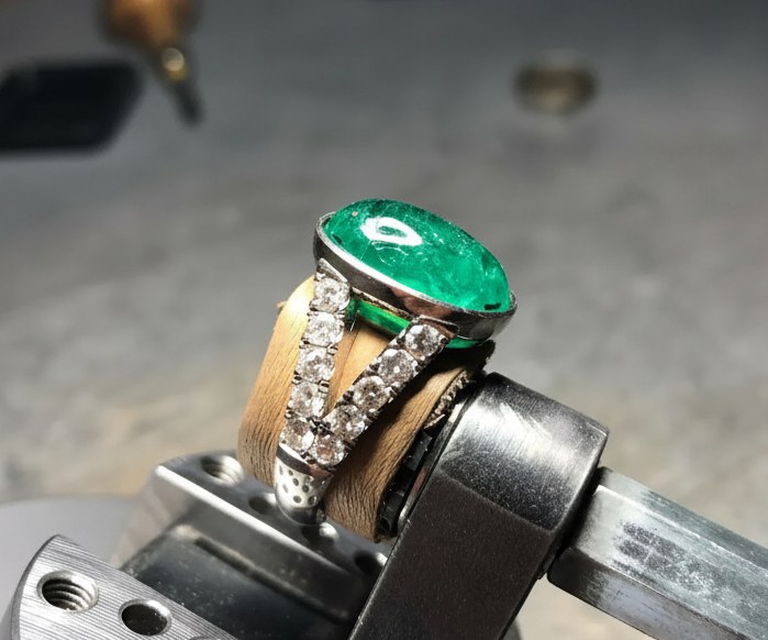 Ring mit Smaragd-Cabochon in der Zarge und Brillanten in den Schultern, eingespannt auf dem Werkbrett